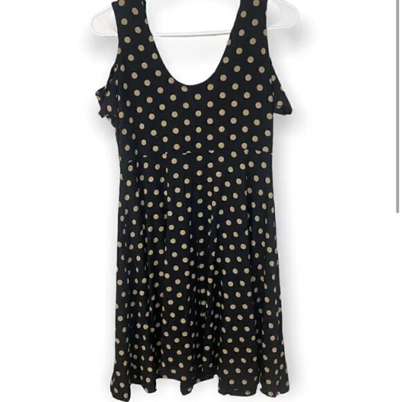 Comfy USA Polka Dot Dress Womens S Cold Shoulder Black Tan Swing Dress Soft USA - Picture 2 of 6